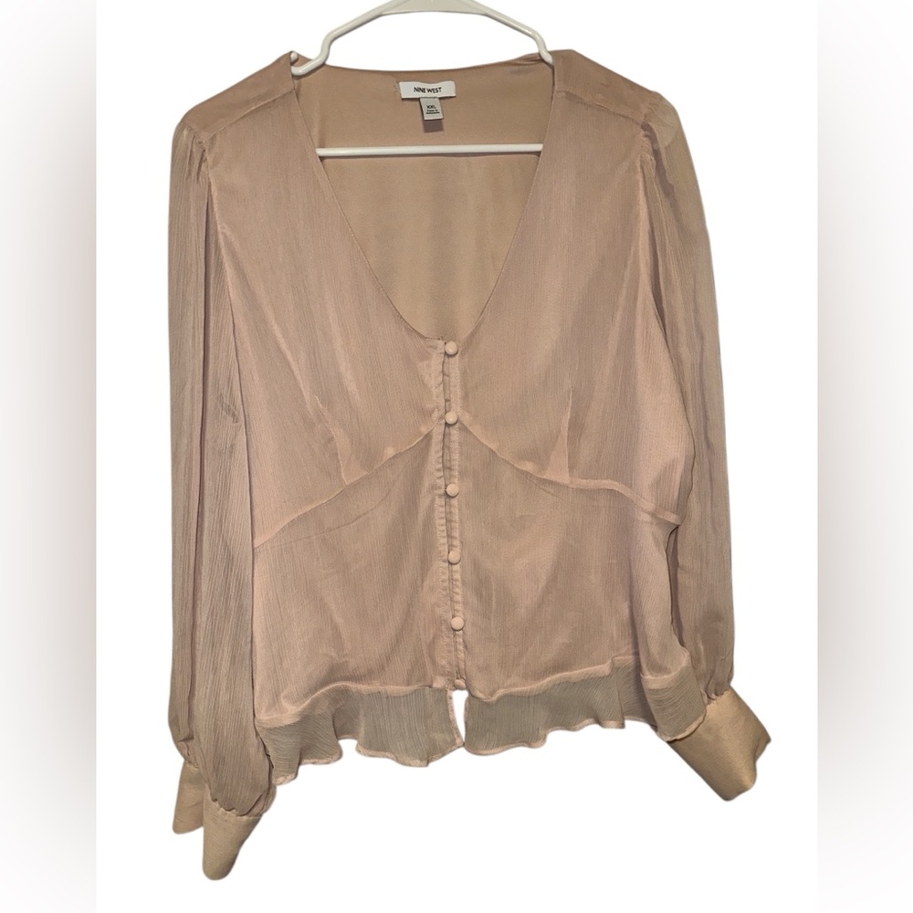 Nine West Light Pink Button-Front Blouse‎ Lined with Sheer Sleeves size XXL